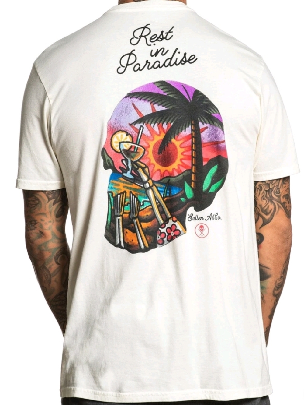 Sullen Art Clothing Paradise Skull Palm Trees Beach Tattoos Tee Shirt Size Large